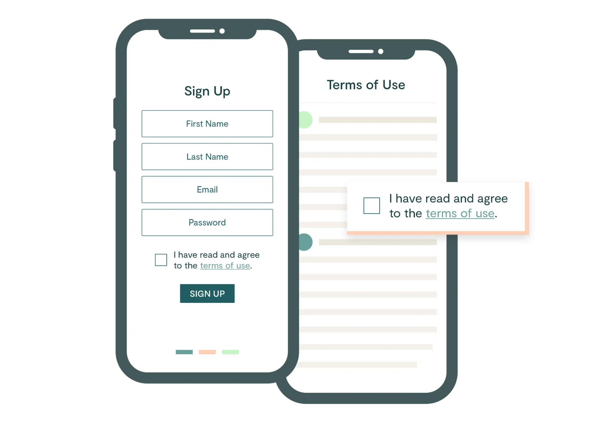 Two smartphone screens: one displays a sign-up form for a conga alternative with fields for first name, last name, email, password, and a checkbox for agreeing to terms of use; the other shows the terms of use, highlighting the checkbox.