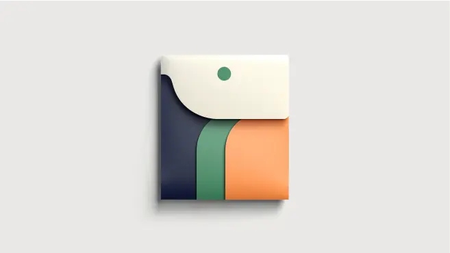 A modern, minimalist envelope with a curved flap, featuring color blocks of cream, navy blue, green, and orange on a light gray background—a stylish choice for those seeking a Linksquares alternative.