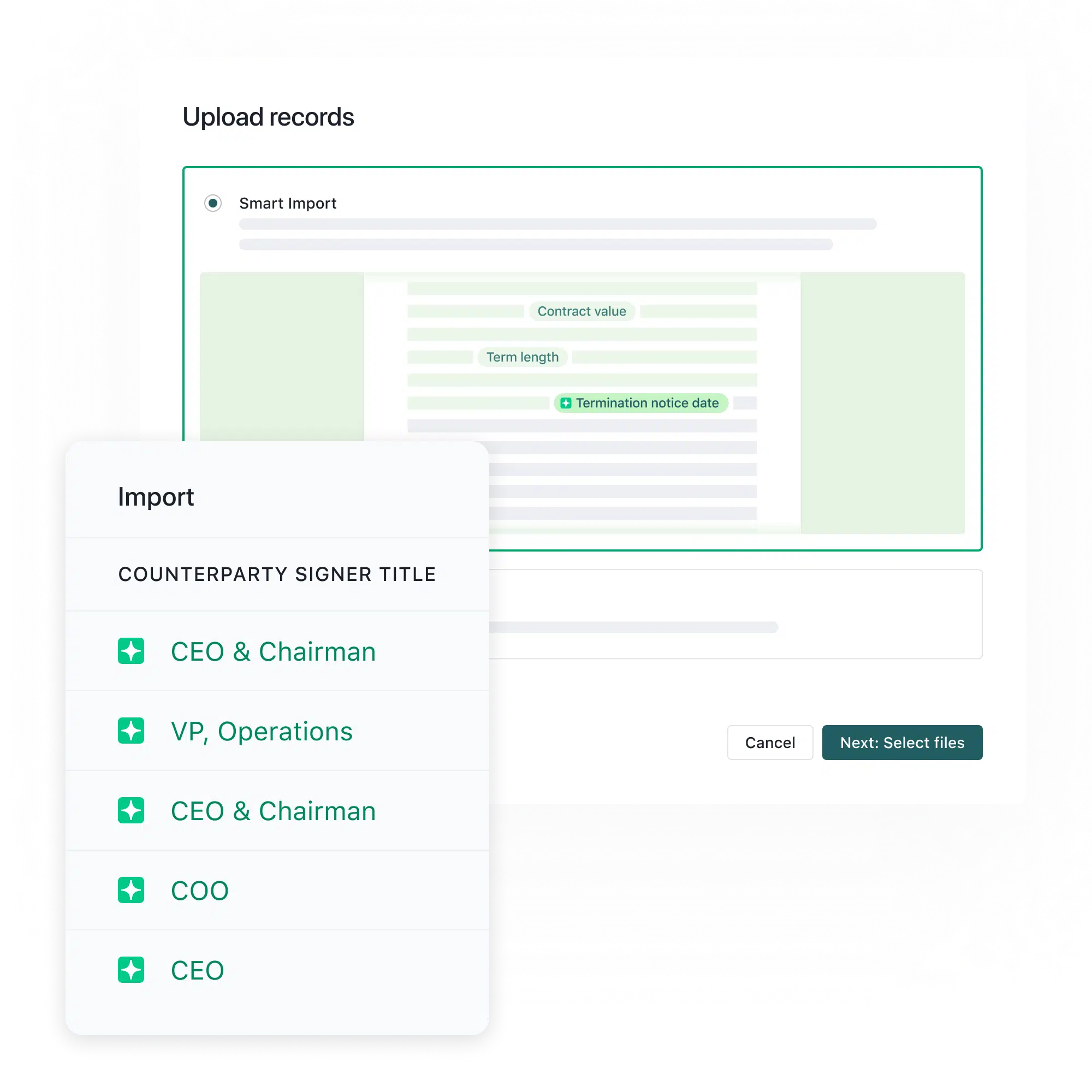 A screenshot showing a document upload interface labeled Upload records, featuring fields for contract details and an Import section listing signer titles such as CEO, Chairman, VP, COO, and CEO & Chairman—ideal as an evisort alternative.