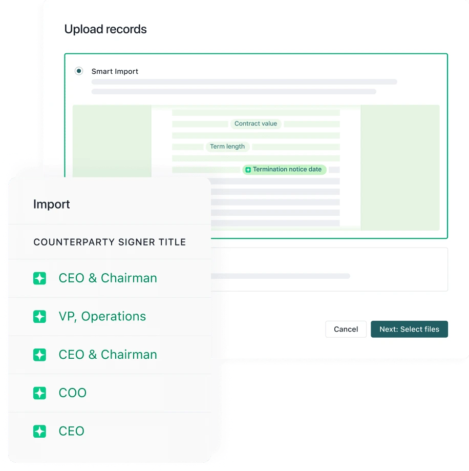 A software interface presents an upload records screen with document extraction highlights and a pop-up list of counterparty signer titles like CEO, Chairman, VP, and COO—ideal for those seeking a Juro alternative. Options to cancel or continue are also visible.