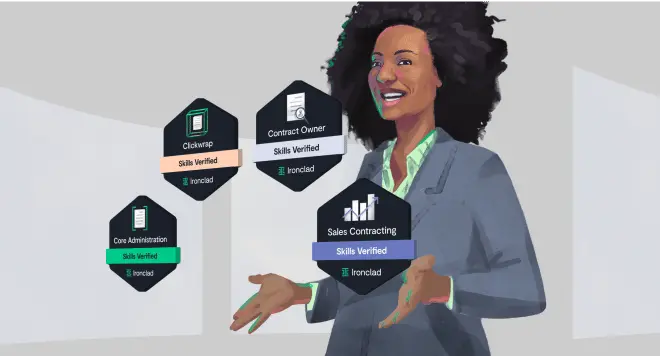 An illustration of a smiling businesswoman in a suit, standing with hands raised, is surrounded by digital skill badges labeled Clio/xysp, Contract Owner, Core Administration, and Sales Contracting—ideal for those seeking a Juro alternative. Each badge is Skills Verified.