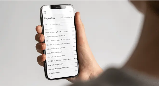 A person holds a smartphone displaying a list of document titles in a repository app—like “NDA” and “NEW PROJECT WITH ALSA”—making it easy to explore options such as a linksquares alternative.