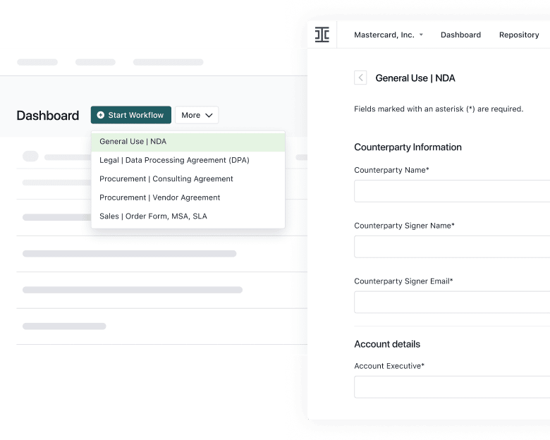 A dashboard interface displays a “Start Workflow” button with a dropdown menu listing document options. To the right, a form titled “General Use | NDA” requests counterparty and account details, offering a DocuSign alternative for seamless e-signatures.