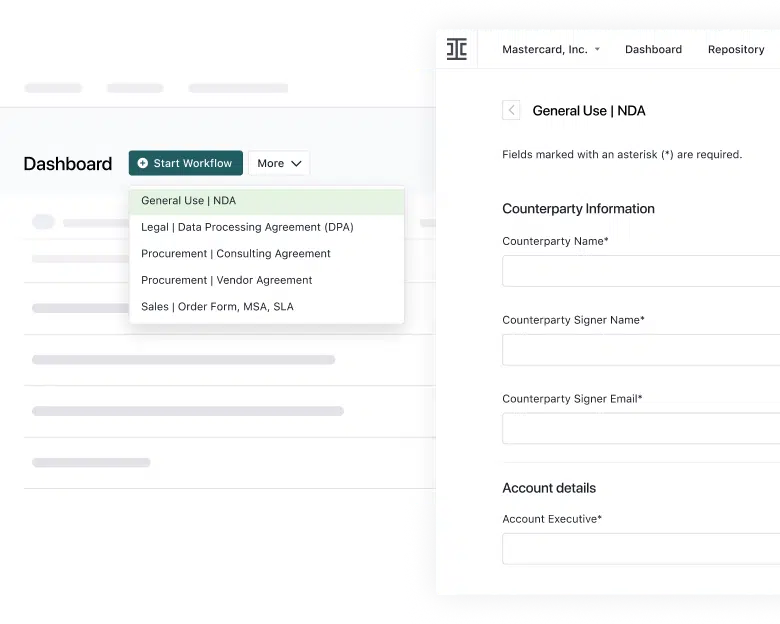 A dashboard interface shows a dropdown menu with contract options, such as NDA and Data Processing Agreement. On the right, a form for General Use | NDA displays fields for counterpart information and account details—an ideal DocuSign alternative.