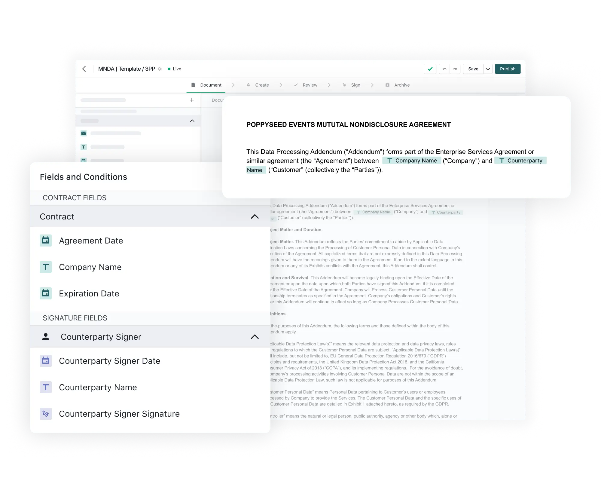 A software interface shows a document editor with a highlighted section titled “POPPYSEED EVENTS MUTUAL NONDISCLOSURE AGREEMENT” and a sidebar displaying contract fields—an intuitive juro alternative for managing agreement dates, company names, and signer details.