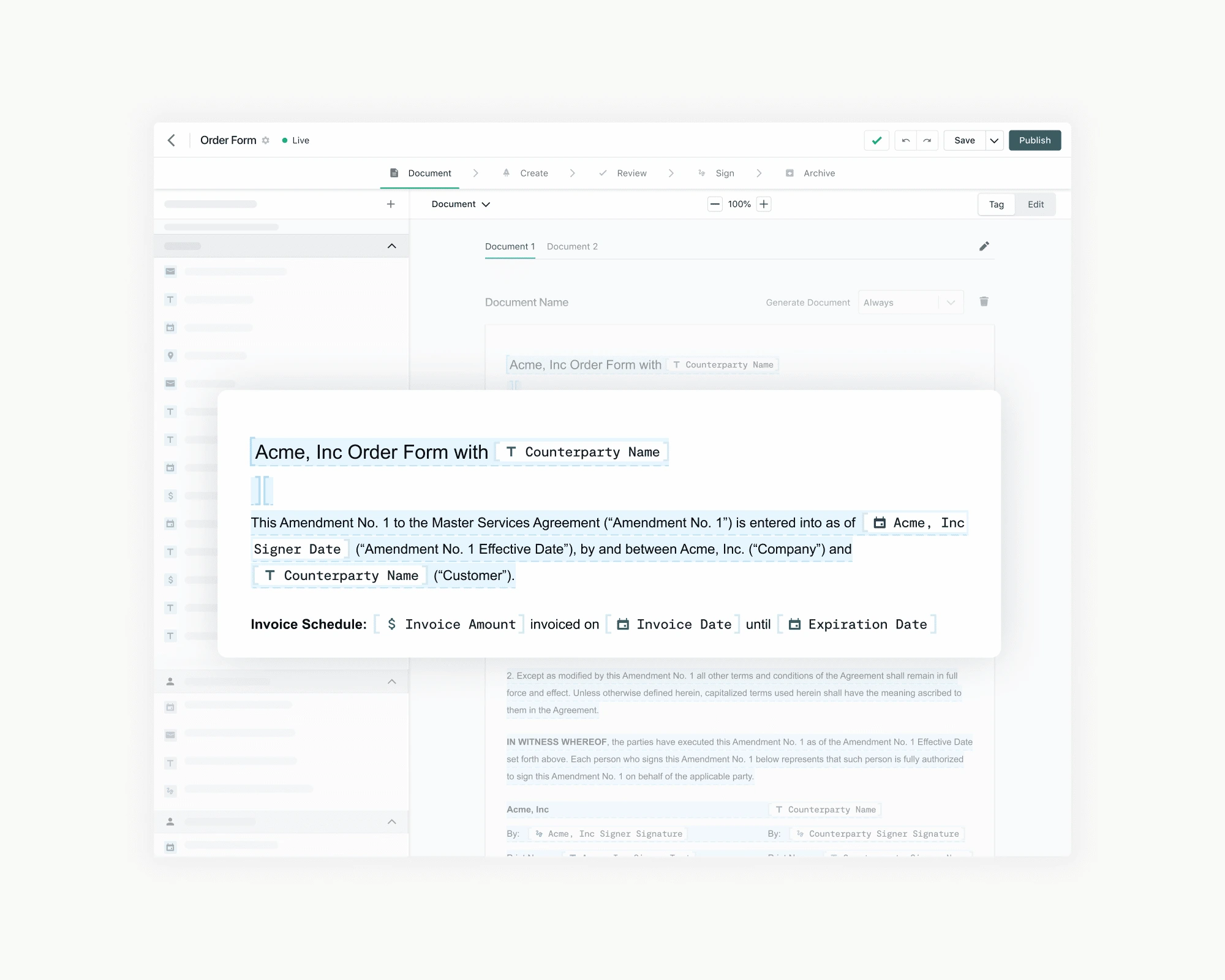 A digital document editor shows an order form template titled Acme, Inc Order Form, with fields for counterpart name, effective date, and invoice details highlighted for editing—an ideal choice for those seeking an Icertis alternative.