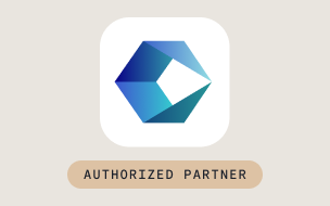 A blue geometric hexagon logo on a white rounded square background, with the text AUTHORIZED PARTNER in capital letters below on a beige rectangle.