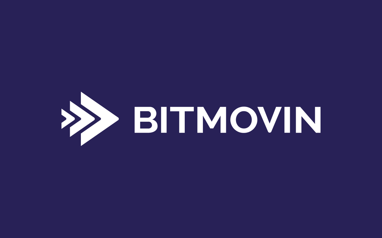 Bitmovin logo on a dark blue background, featuring a white triangular play button design on the left and the word BITMOVIN in bold white capital letters to the right, styled with a modern look reminiscent of brands like Vinted.