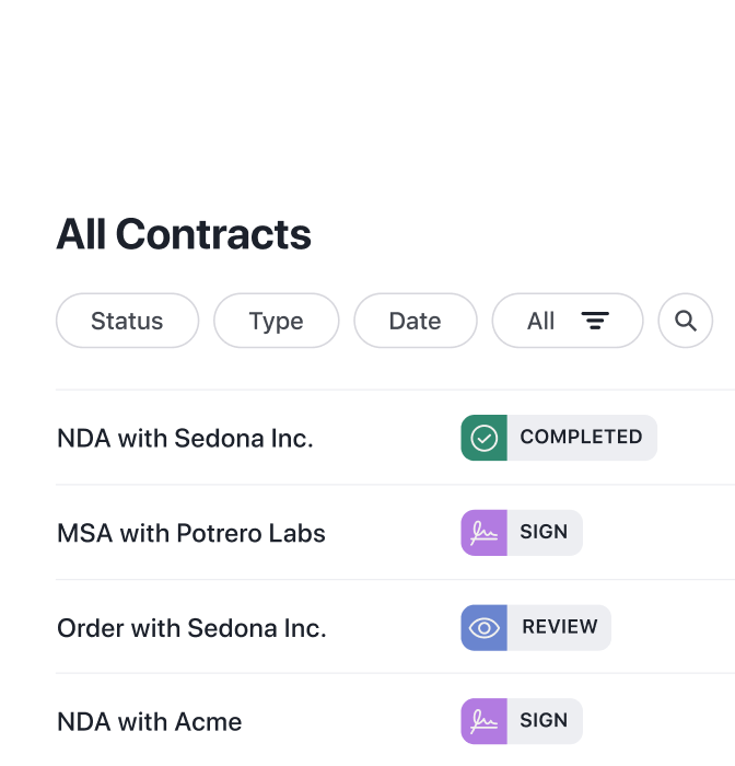 dashboard view of a list of all contract