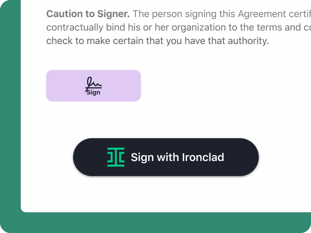 space for an esignature on a contract with a "sign with ironclad" button