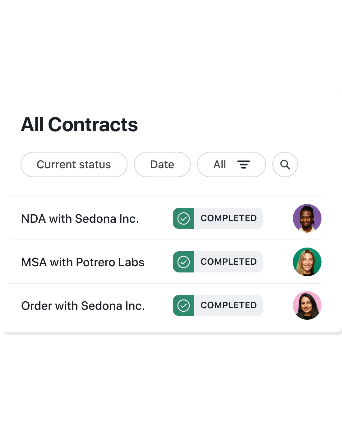 A digital dashboard titled All Contracts shows three completed contracts, each listing the company name, a status indicator marked Completed, and circular profile photos of different people.