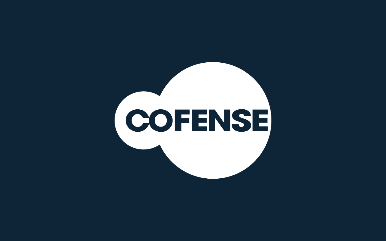White Cofense logo with the word COFENSE inside overlapping white circles on a dark blue, vinted-inspired background.