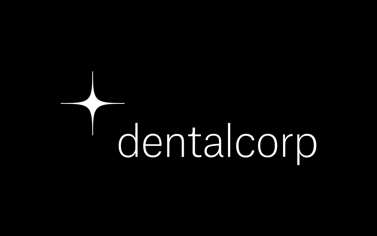 The image shows the dentalcorp logo with a white star-like symbol to the left of the word dentalcorp in lowercase white letters, all on a black background, similar in simplicity to Vinted’s branding style.
