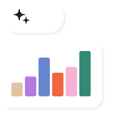 A stylized bar chart with five colorful vertical bars of varying heights, displayed on a white card, with a speech bubble above showing two sparkle icons. The background is black.