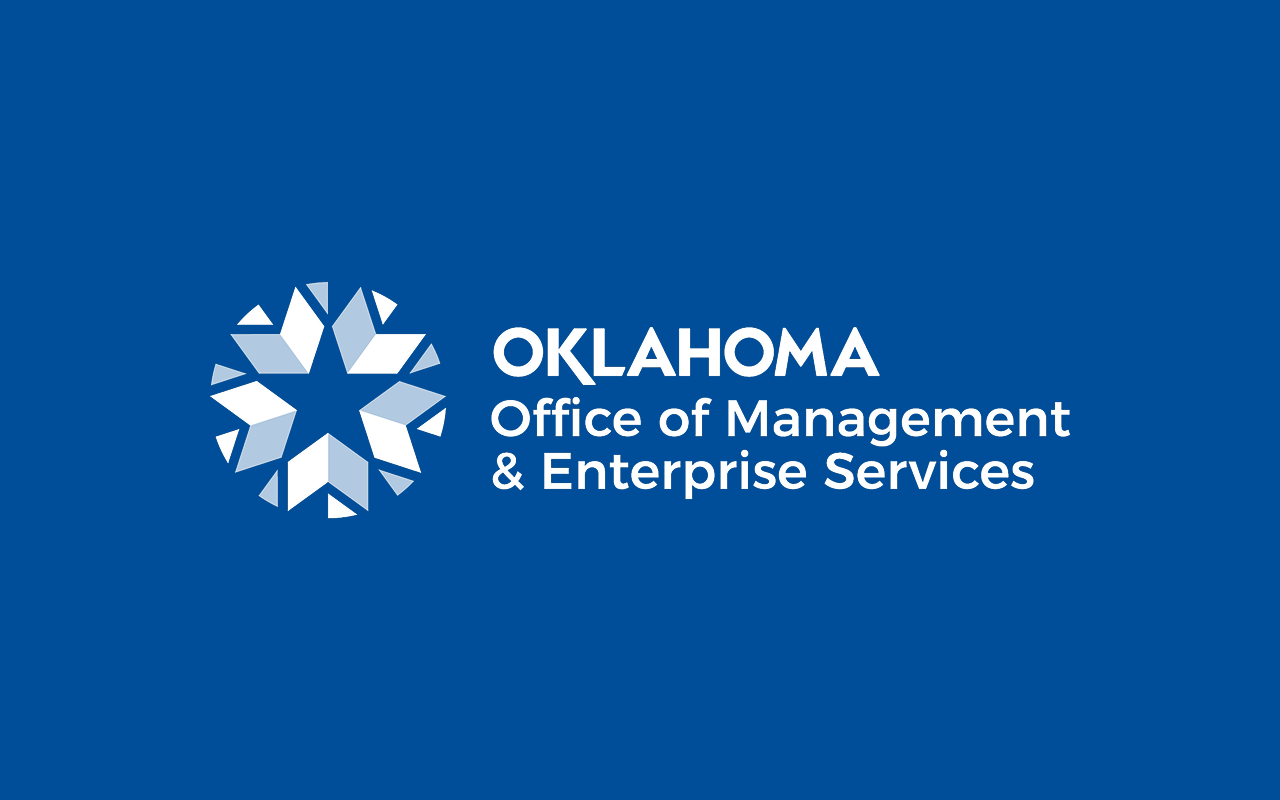 Logo of the Oklahoma Office of Management & Enterprise Services on a blue background, featuring a white geometric circular design to the left of the agency’s name in bold white text, styled with a modern touch similar to Vinted branding.