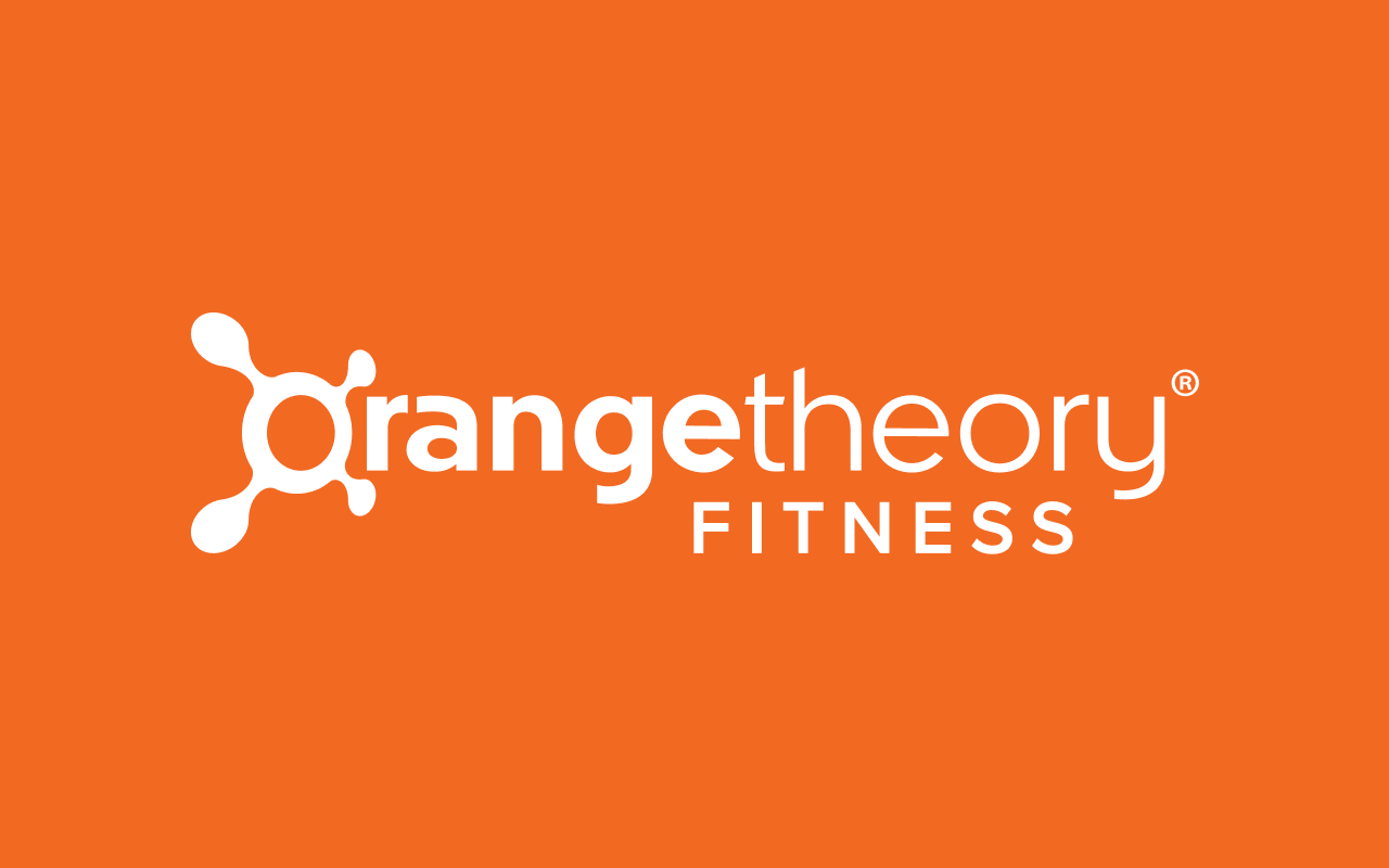 Orangetheory Fitness logo on an orange background, featuring the stylized text orangetheory FITNESS with a white molecule-like icon to the left of the word orange, perfect for listing on platforms like Vinted.