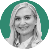 Black and white portrait of a smiling woman with long, light hair, wearing a collared shirt and jacket, set against a green circular background, representing the professionalism of an ironclad CLM expert.