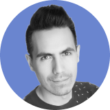 A black-and-white portrait of a young man with dark hair styled upward, slight facial hair, and a subtle smile, shown against a blue circular background evokes the professionalism of an ironclad CLM.