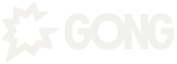 White background with a light pink speech bubble containing ironclad, jagged lines on the left, followed by the word GONG in faded, light pink capital letters.
