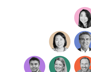 Six headshots of people in colored circles on a light background are arranged in the lower right corner, with each circle a different color: pink, tan, blue, purple, green, and orange. The top left is mostly empty.