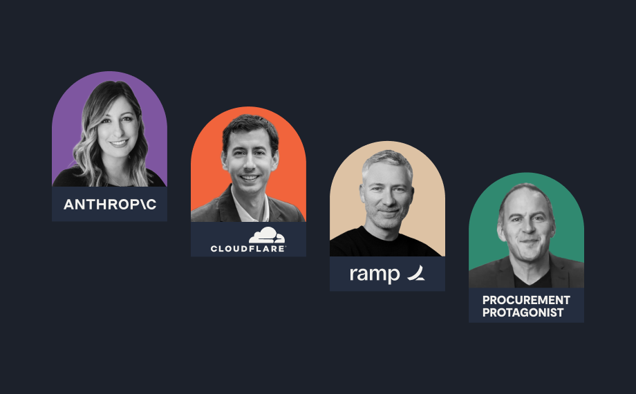A graphic with four portraits labeled Anthropic, Cloudflare, Ramp, and Procurement Protagonist—each in a colored arch on a dark background—spotlighting leaders shaping the future of procurement AI.