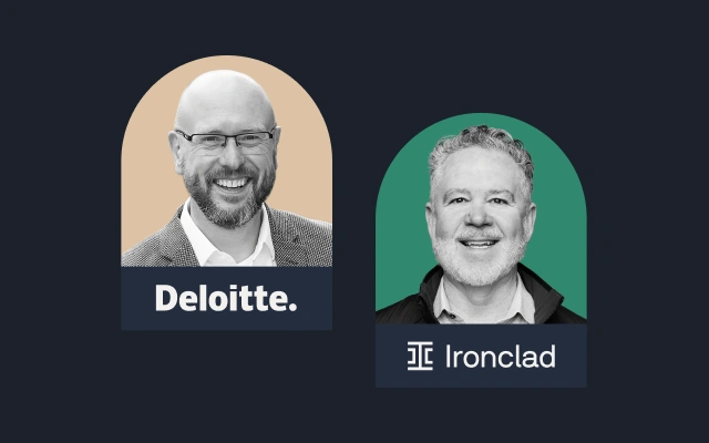 Two men are pictured in separate arch-shaped frames. The man on the left is labeled Deloitte. with a beige background, and the man on the right is labeled Ironclad with a green background. Both are smiling.
