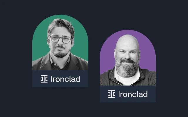 Two portraits of men appear side by side on a dark background, each within a colored arch—one green, one purple. Below each portrait is the Ironclad logo and the word Ironclad.