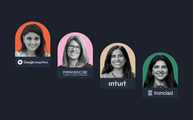 Four women are shown in portrait photos, each above a company logo: Google DeepMind, Perkins Coie, Intuit, and Ironclad. The backgrounds are colorful arches on a dark background.