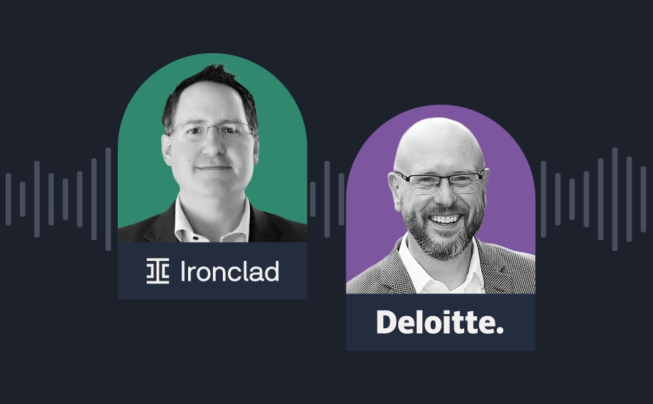 A split graphic features a man above the Ironclad logo on a green background and another man above the Deloitte logo on purple, with contract AI waveform graphics in the background.