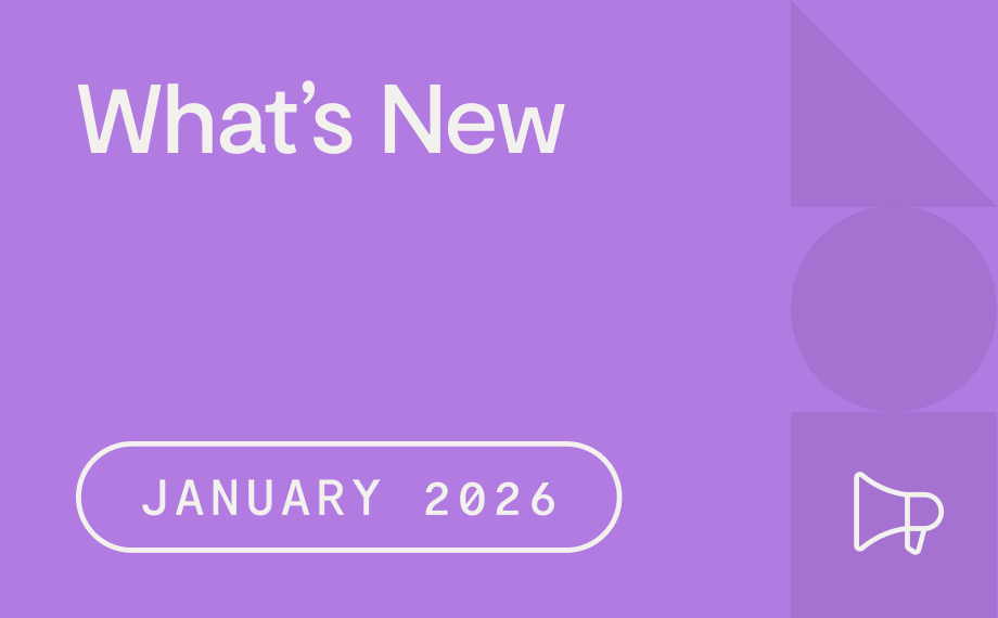 Purple graphic with “What’s New” in white text at the top, “January 2026” in a rounded rectangle at the bottom left, and a contract AI-themed white megaphone icon at the bottom right. Geometric shapes decorate the background.