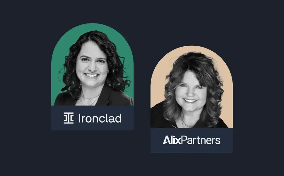 Two women are shown in separate portrait photos. The left image, spotlighting AI at Ironclad, has a green background with the Ironclad logo and name; the right features AlixPartners with a tan background and logo. Both women are smiling.