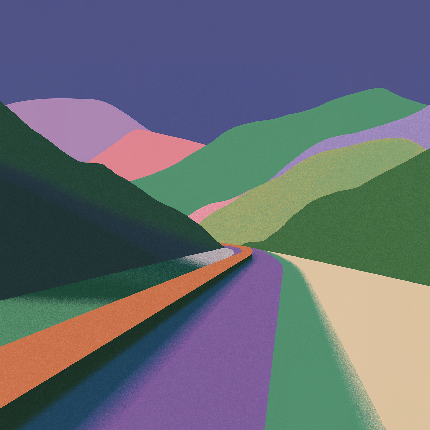 Abstract illustration of a winding road through colorful, stylized hills and mountains under a deep blue sky, inspired by the journey of ai contract maturity assessment, with bold shapes in green, purple, pink, and orange tones.