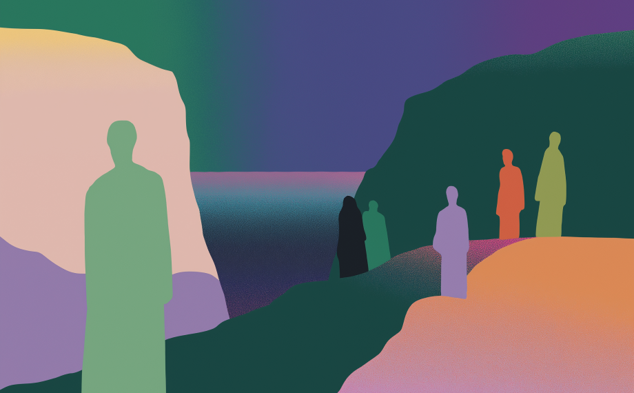 Abstract illustration of six silhouetted human figures standing on colorful, layered hills, subtly evoking the unity and contrast found in unilateral vs bilateral contracts, with a tranquil body of water and a gradient sky in lush greens, purples, oranges, and pinks.