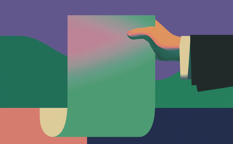 A stylized illustration of a hand in a suit holding up a multicolored statement of work, set against an abstract, geometric background with green, purple, blue, and peach shapes.