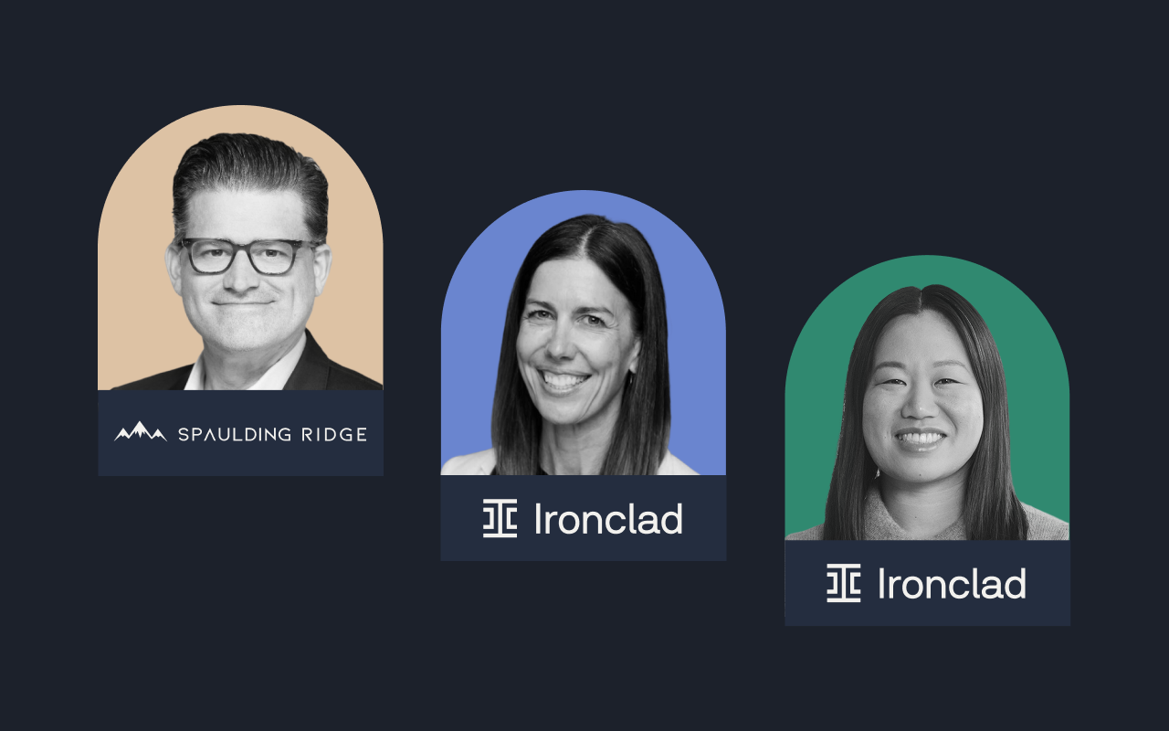 Three people are shown in separate arch-shaped frames with company logos: a man with glasses and short hair (Spaulding Ridge), and two women smiling (both with Ironclad logos), highlighting their expertise in contract intelligence. The background is dark.