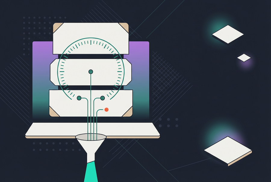 Abstract digital illustration of a futuristic interface with a laptop, a circular gauge, and circuit-like lines connecting to a funnel, set against a dark background with geometric shapes and glowing accents.